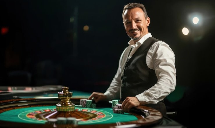 Antarmuka VIP Roulette di monggo777 menampilkan roda roulette, layar dealer, dan papan taruhan interaktif